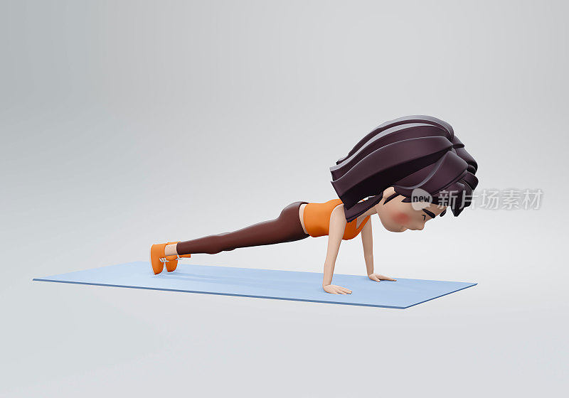 3 d渲染。女性用俯卧撑姿势锻炼。锻炼的目标是腹部、股四头肌和肩部肌肉。